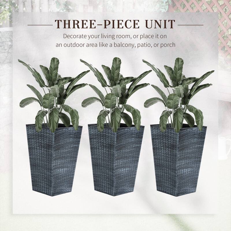 3 Planter Pot Set Rattan Texture with Self-Draining and UV-Resistant