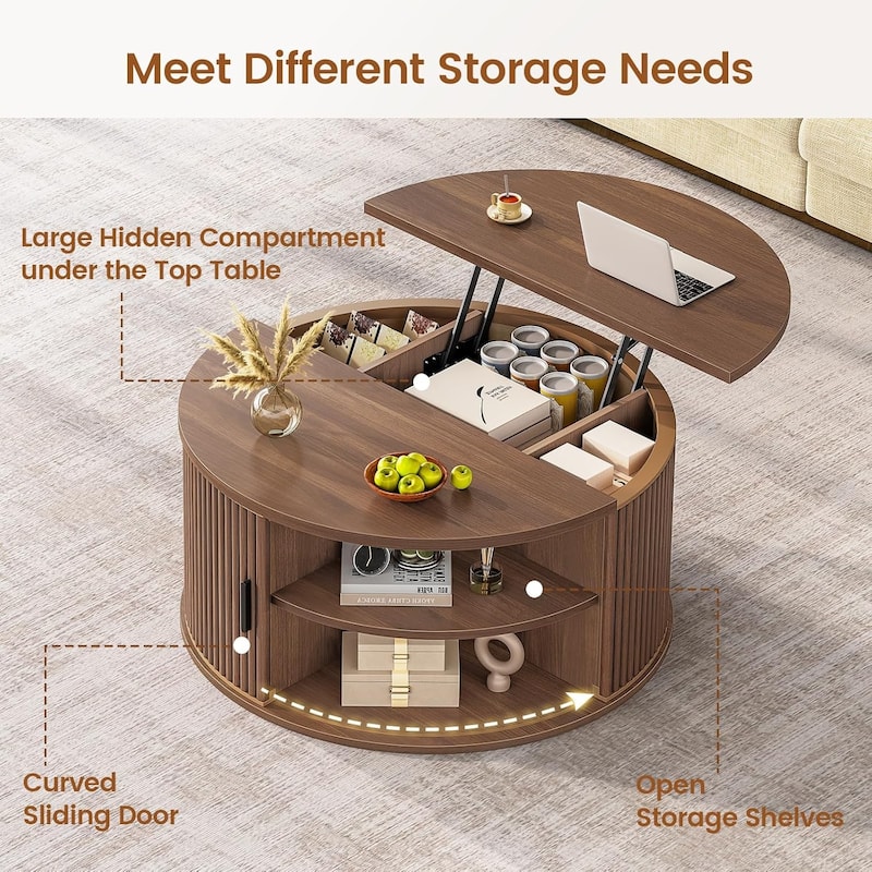 Round Lift Top Coffee Table 180 Grad Curved Sliding Door Living Room