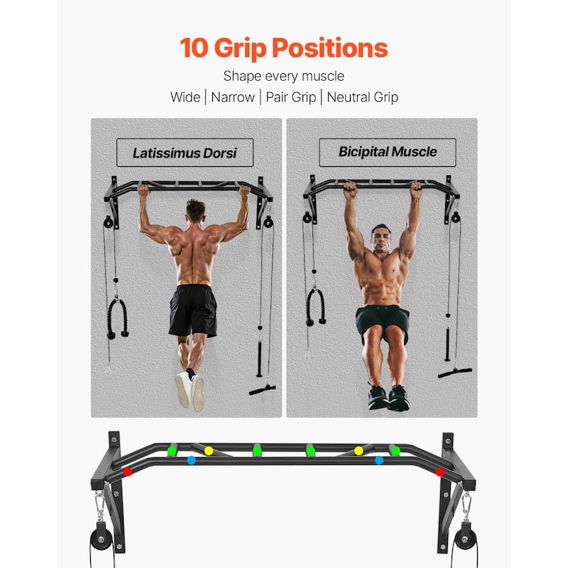 Wall Mounted Pull Up Bar with Pulley System and 10 Grip Options Triceps Rope for Home Gym Station - 49.61 x 23.07 x 17.95inch