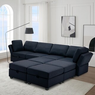 Blue U-shaped Storage Sofa Set with Adjustable Arms and Ottoman - Bed ...