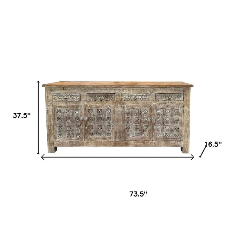 HomeRoots 74" Brown Distressed Solid Wood Carved Floral Four Drawer Sideboard with Four Doors
