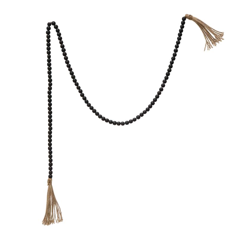 Paulownia Wood Bead Garland with Jute Tassels - Black - 72.0"L x 0.6"W x 0.6"H - Black - 72.0"L x 0.6"W x 0.6"H