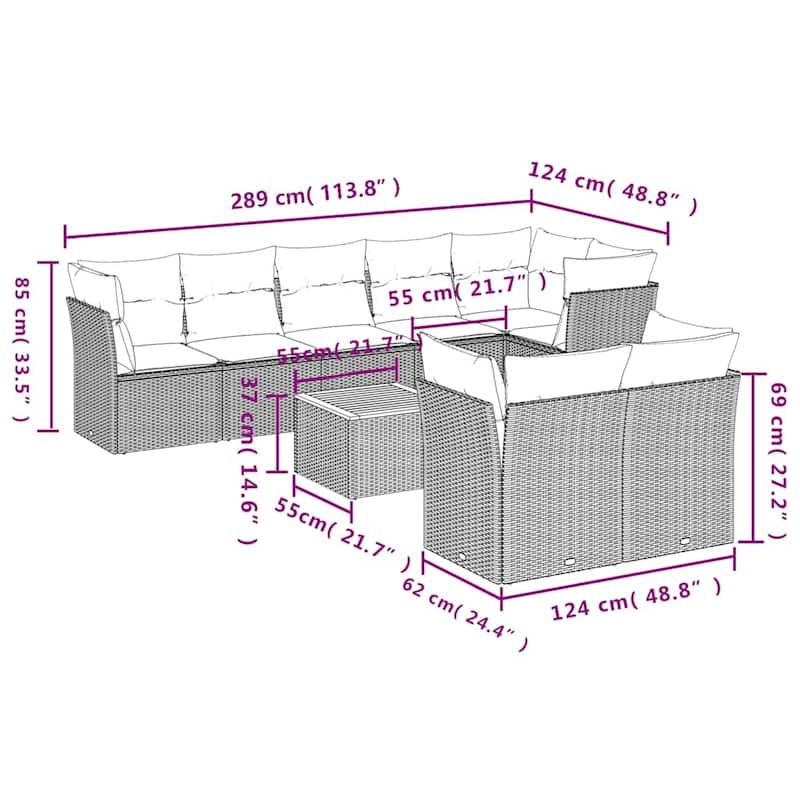 vidaXL Patio Sofa Set with Cushions Outdoor Furniture 9 Piece Poly Rattan - 24.4 x 24.4 x 27.2