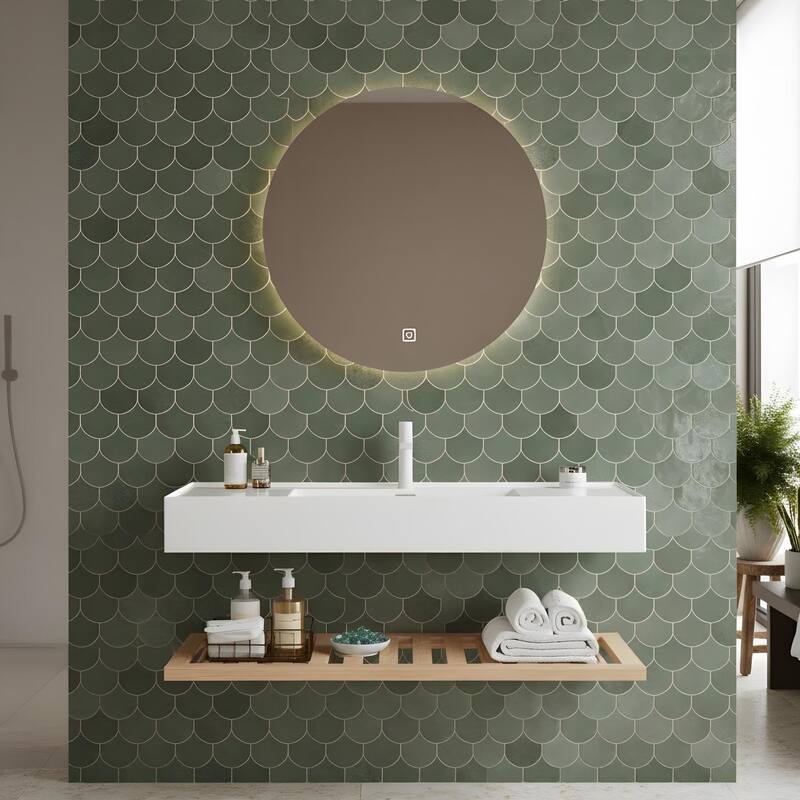 Bathroom Vanity with Vessel Sink and Striped Shelf Layer