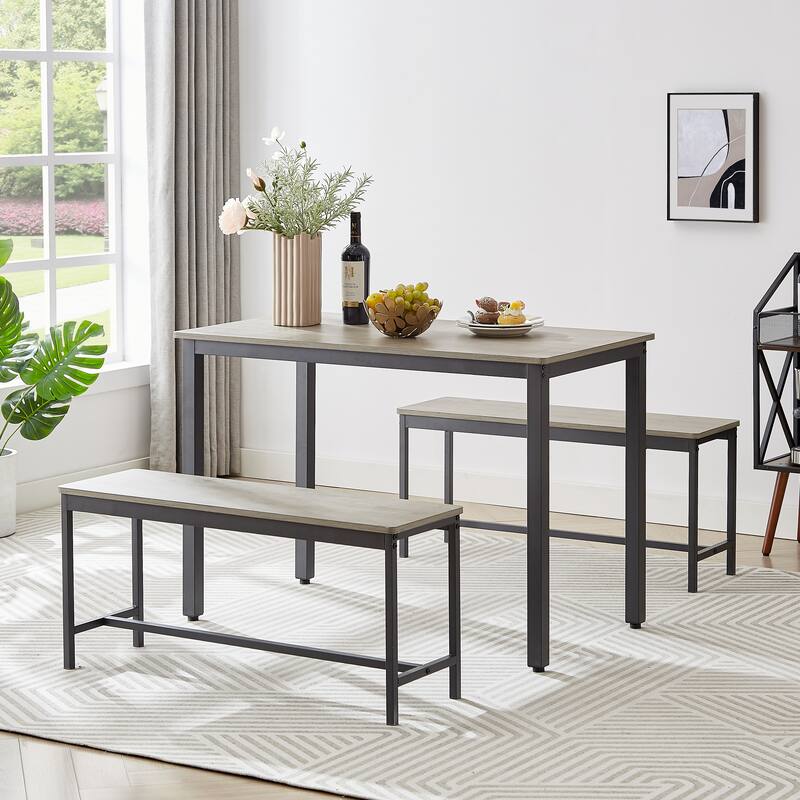 Industrial Dining Set with 2 Benches, Dining Table with Steel Legs, Breakfast Nook with Sliding Benches