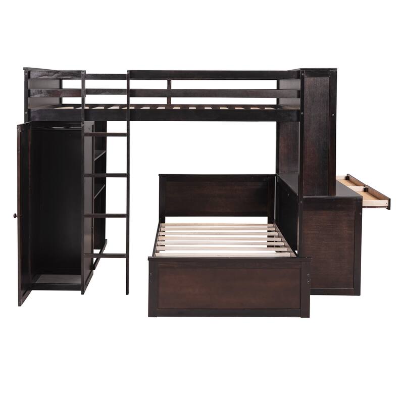 Space-Saving Full Size Loft Bed with Twin Bed, Shelves, Desk, and Wardrobe in Espresso