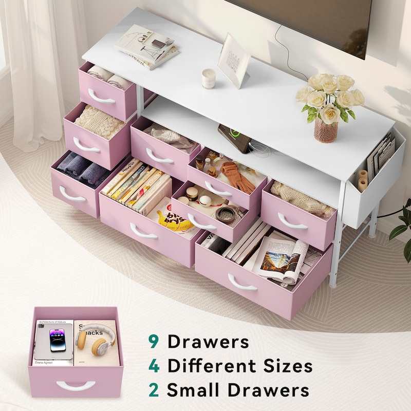 Moasis 50"W 9-drawer Fabric Dresser, Media Console, TV Stand with Outlets, RGB Lights