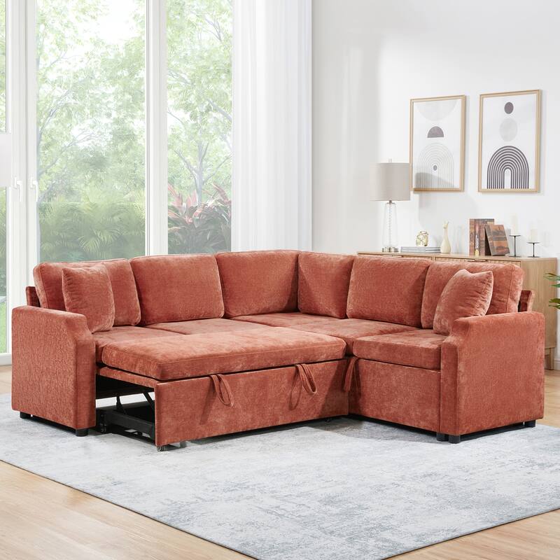 L-Shaped Sectional Upholstered Sleeper Sofa Convertible Pull-out Sofa Bed with Hidden Storage Space, Chenille Fabric