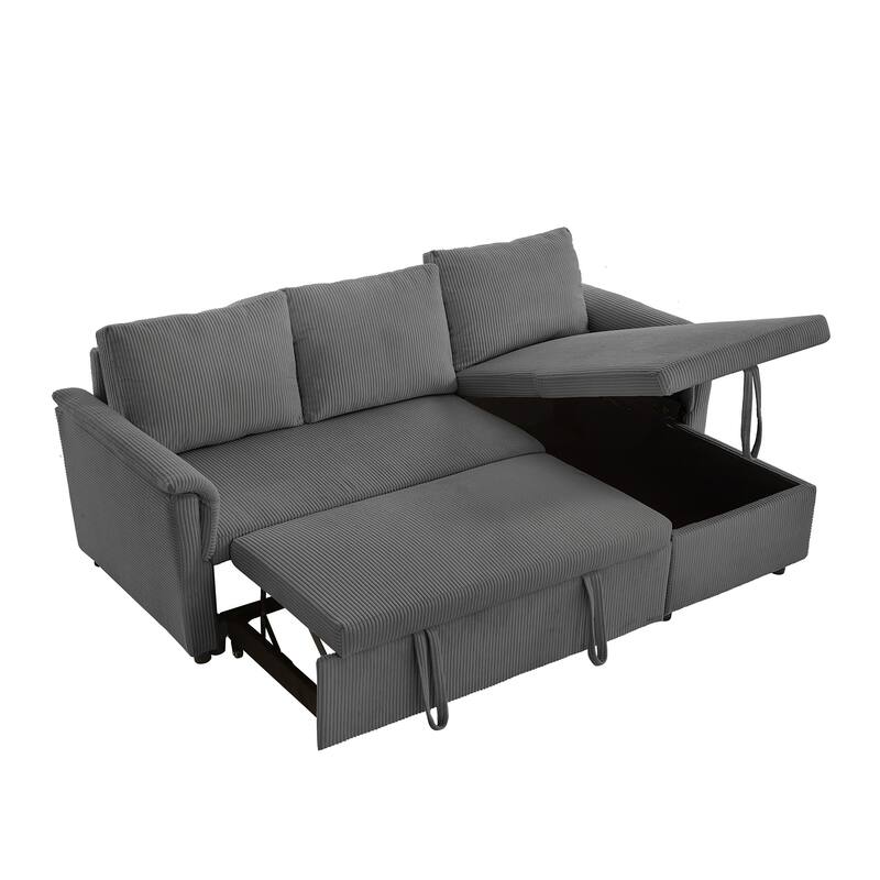Convertible Corduroy Modular Loveseat Pull-Out Sleeper with Storage Chaise and Reclining Backrest for Living Room