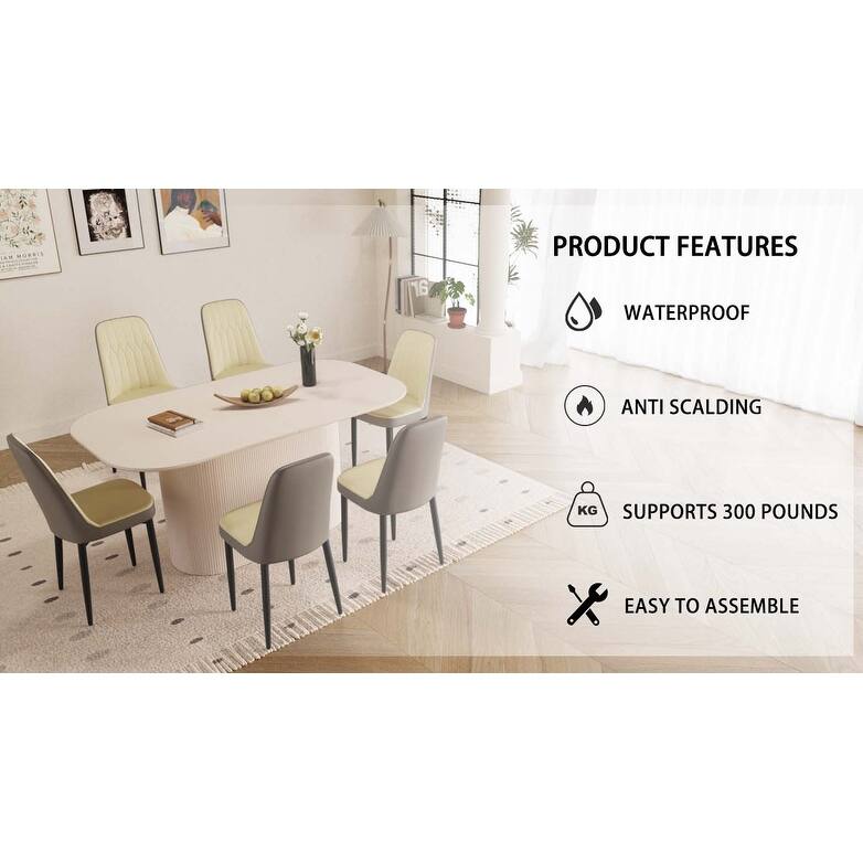 63" medieval modern cream style MDF dining table and PU dining chair set 6, Assemble Desktop and metal leg dining chair set