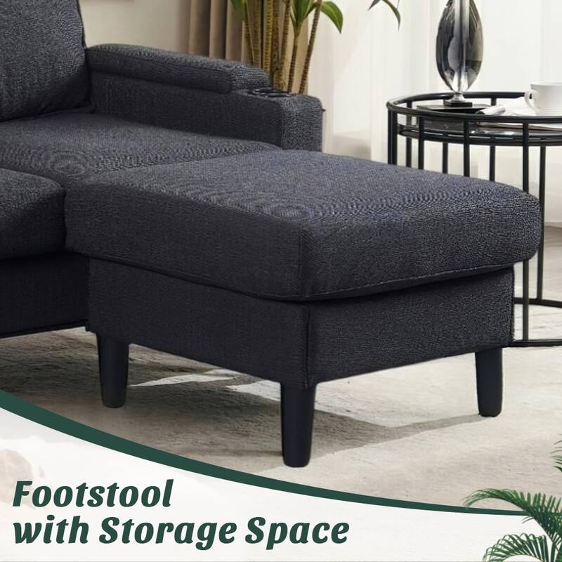 Compact 3-Seat Sofa with Storage Ottoman, L-Shaped Couch with Stool