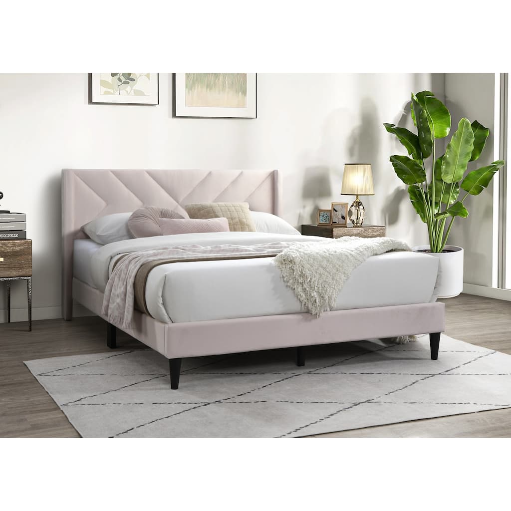 Elegant Modern Light Pink Velvet Upholstered Queen Size Bed Clean Lines Design Headboard 1pc Bedframe