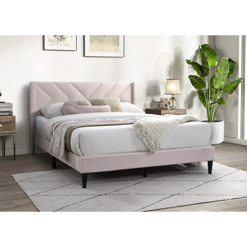 Queen Size Velvet Upholstered Platform Bed with Geometric Stitched Headboard and Modern Platform Design - Light Pink