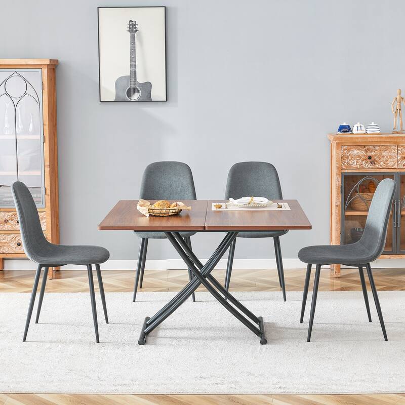 5-Piece Square Folding Dining Table Set, Wooden Lifting Dining Table with Dark Gray Linen Fabric Chairs for Small Spaces