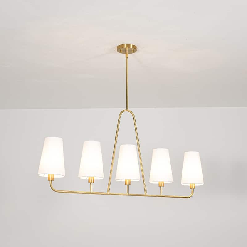 5-Light Mid-Century Modern Linear Pendant Light in Brass Finish White TC Fabric Shade for Dining Room and Kitchen Island
