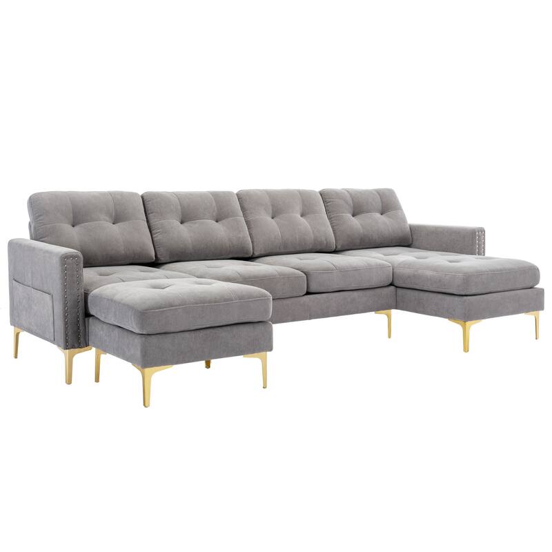 Living Room Chenille U-shaped Sectional Sofa, Pull out Sofa Bed with 2 USB Ports, 3 Back Pillows and Storage Chaise