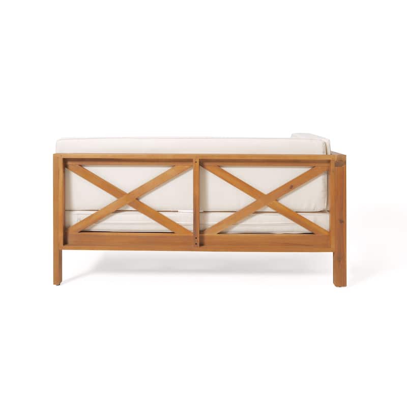 Roomfitters X-Back Corner Bench with Coffee Table, Outdoor Wooden Patio Sofa with Cushions for Garden or Porch
