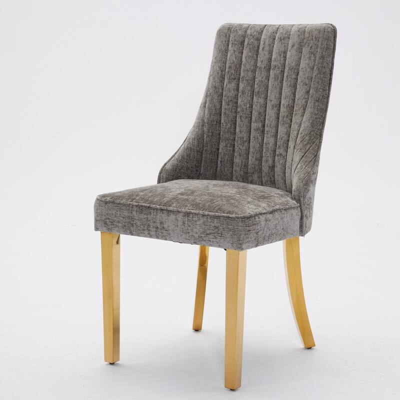 Rayon Flocking Chenille Dining Chairs, Comfy Upholstered, Golden Stainless Steel Legs, Set of 2 - Kitchen/Dining Accent Chairs