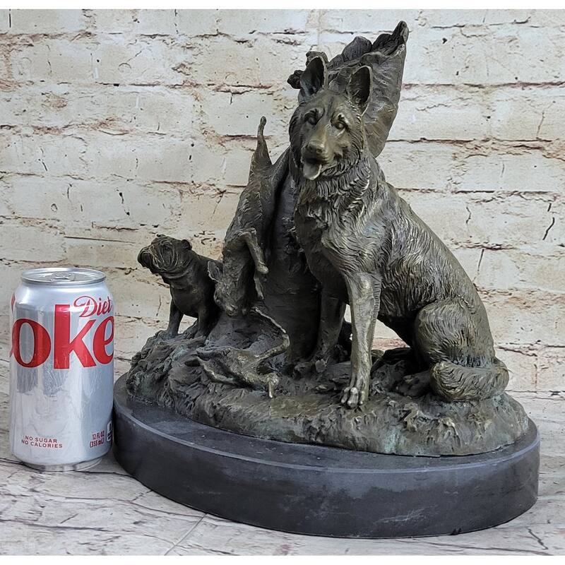 Hunting Dogs English Bulldog Shepherd Bronze Sculpture Figurine Marble Base Deco