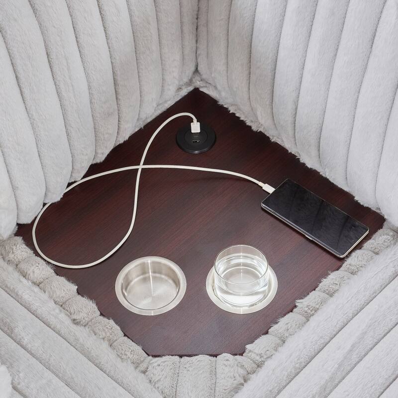 110" U-shaped Corduroy Sectional Sofa, Corner Coffee Table with USB port, Pull-out Bed