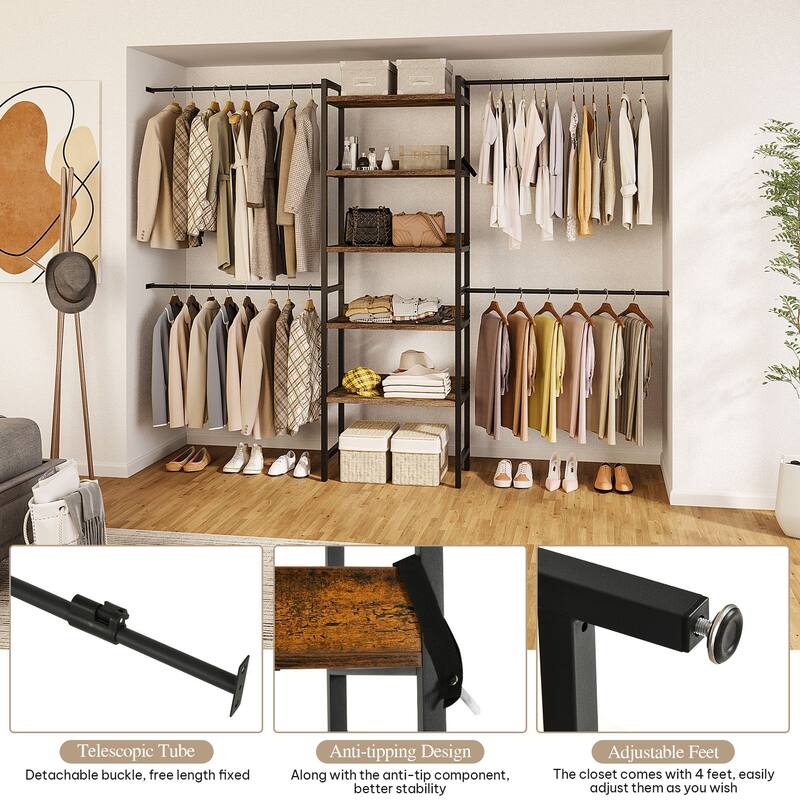 Adjustable Closet Organizer System with 4 Hanger Rods and 5-Tier Shelves for 6-9 Ft Space
