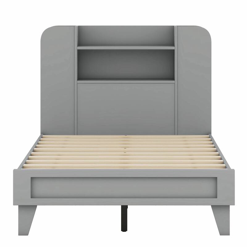 Platform Bed with Storage Headboard, Multiple Shelves on Both Sides