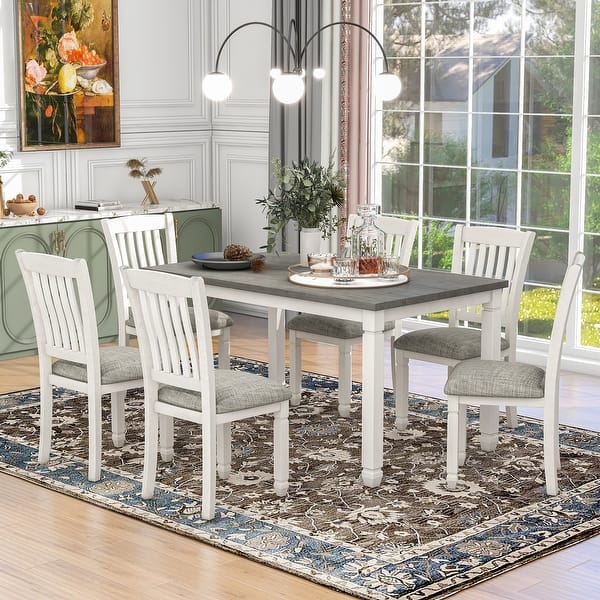 slide 2 of 8, Nestfair Gray and White 7-Piece Dining Table with 6 Upholstered Chairs Grey