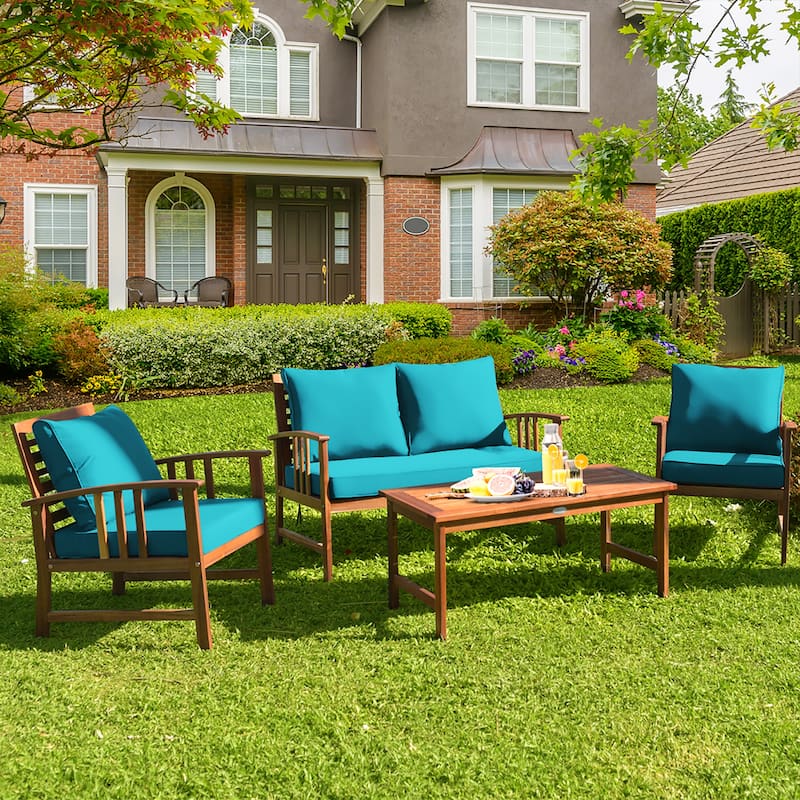 Costway 4PCS Wooden Patio Furniture Set Table Sofa Chair Cushioned