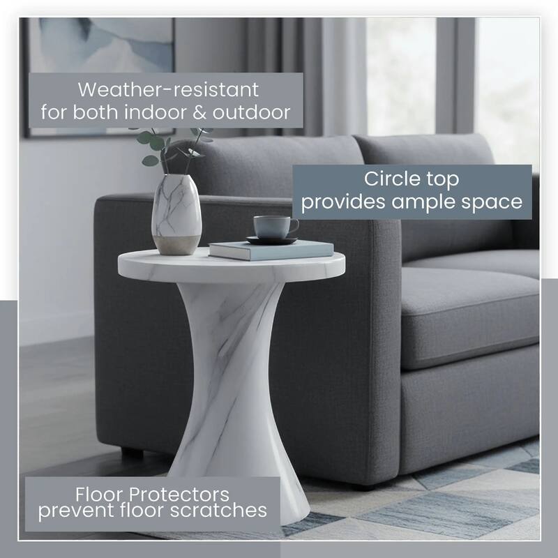 Isidra 19" Round Fiberstone Side Table with Marble-Inspired Finish and Flared Pedestal Base