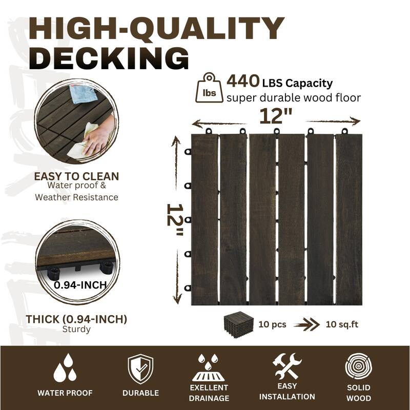 30 Pieces 12”x12” Acacia Wood Outdoor Deck Tiles Waterproof Mold Resistant Balcony Garden Floor