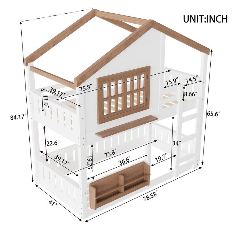 Fairytale House Bunk Bed Wood Loft Bed Frame with Bookshelf and Shelf
