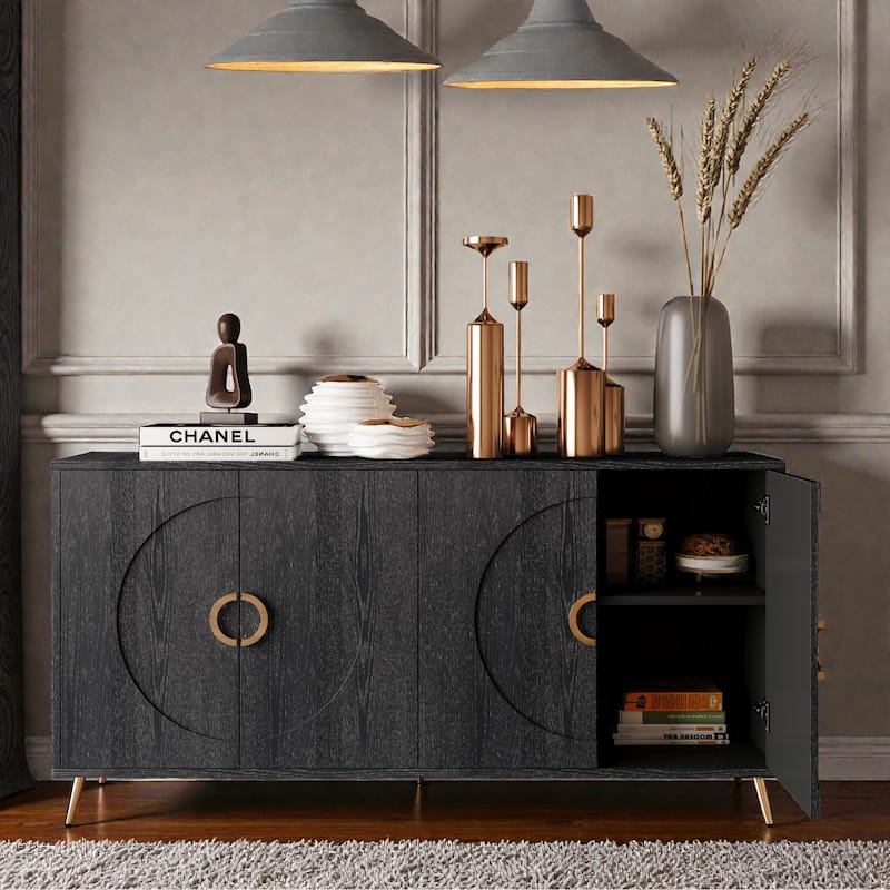 Modern Lacquered Sideboard Buffet Cabinet with 4 Doors, Distressed Wood Storage Cabinet with Adjustable Shelves