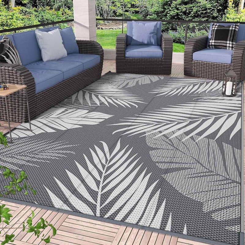 Reversible Outdoor Rug - Palm Leaf Design - 5'X8' - 5'X8' - Grey - Rectangle