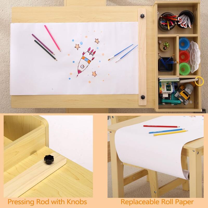 Kids Art Table and 2 Chairs, Craft Table with Large Storage Shelves