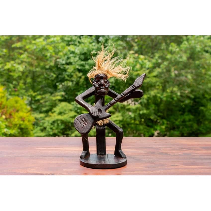 Handmade Wooden Primitive Guitarist Tribal Funny Statue Sculpture Tiki Bar Handcrafted Gift Decor Figurine Hand Carved