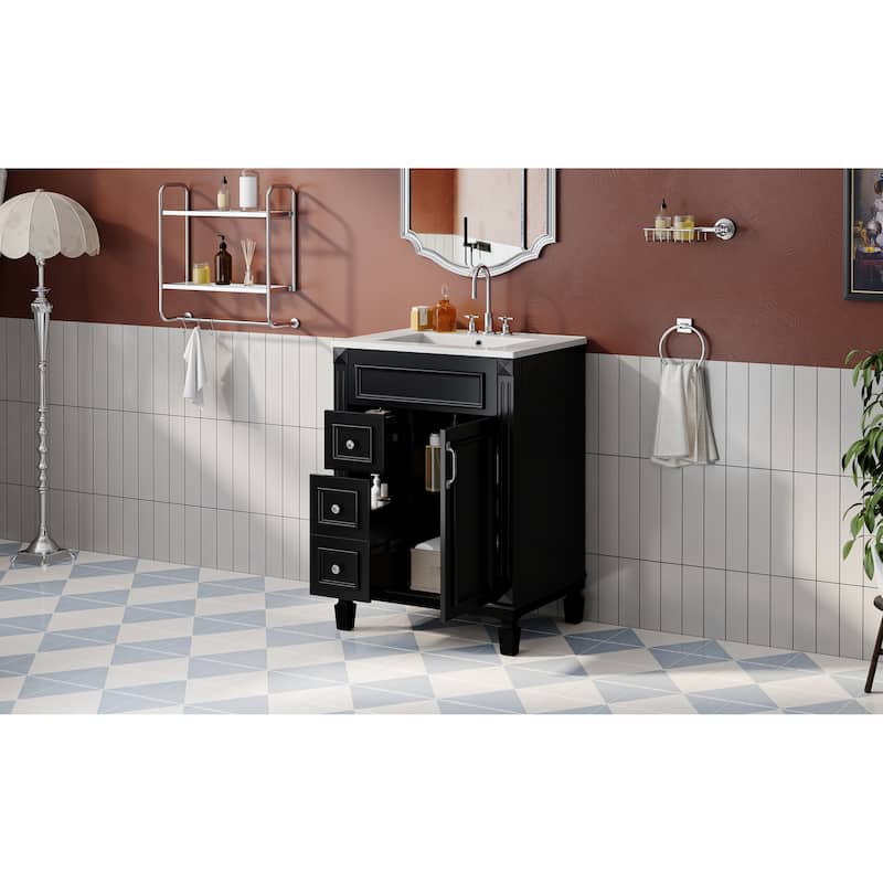 24" Bathroom Vanity With Ceramic Sink, Small Bathroom Sink Cabinet, Modern Cabinet With 2 Drawers And Adjustable Shelf