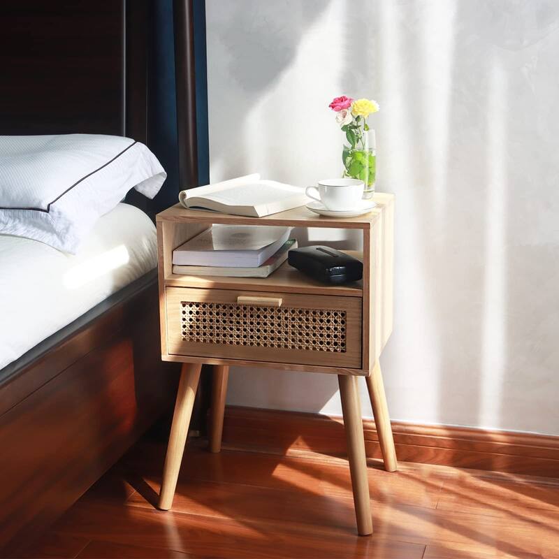 Modern Nightstand Rattan Side End Table with Storage,Accent Bedside Farmhouse Tables with Solid Wood Legs, Easy Assembly