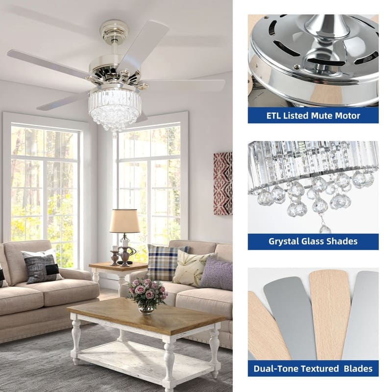 52-inch Wooden 5-Blade Crystal Ceiling Fan Chandelier with Remote