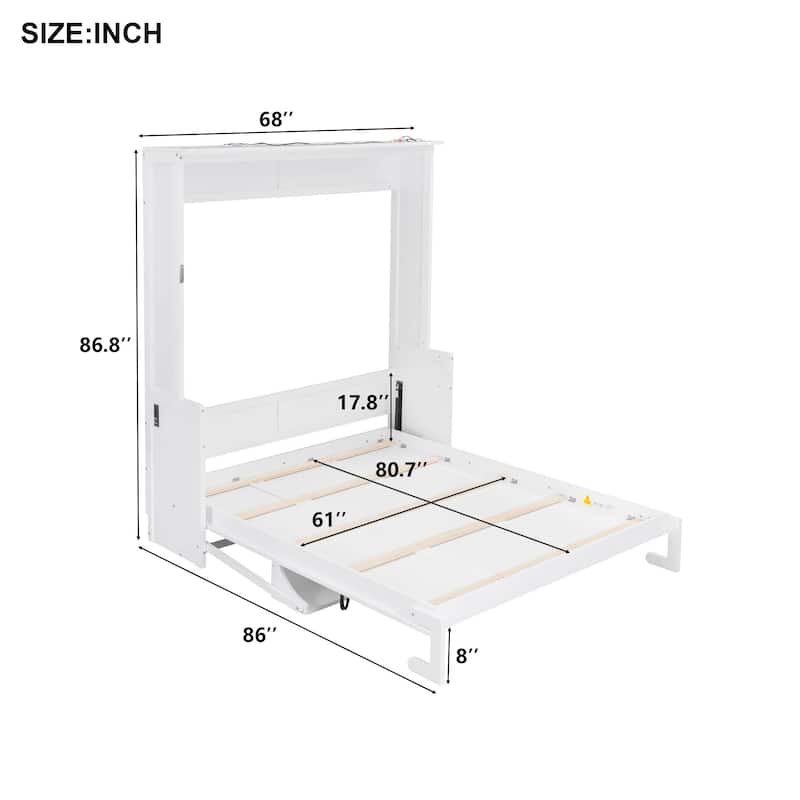 Queen Murphy Wall Bed with Desk, LED Lights & USB, Dual-Piston Lift, 600 lb Capacity, 6-8 in Mattress, No Box Spring