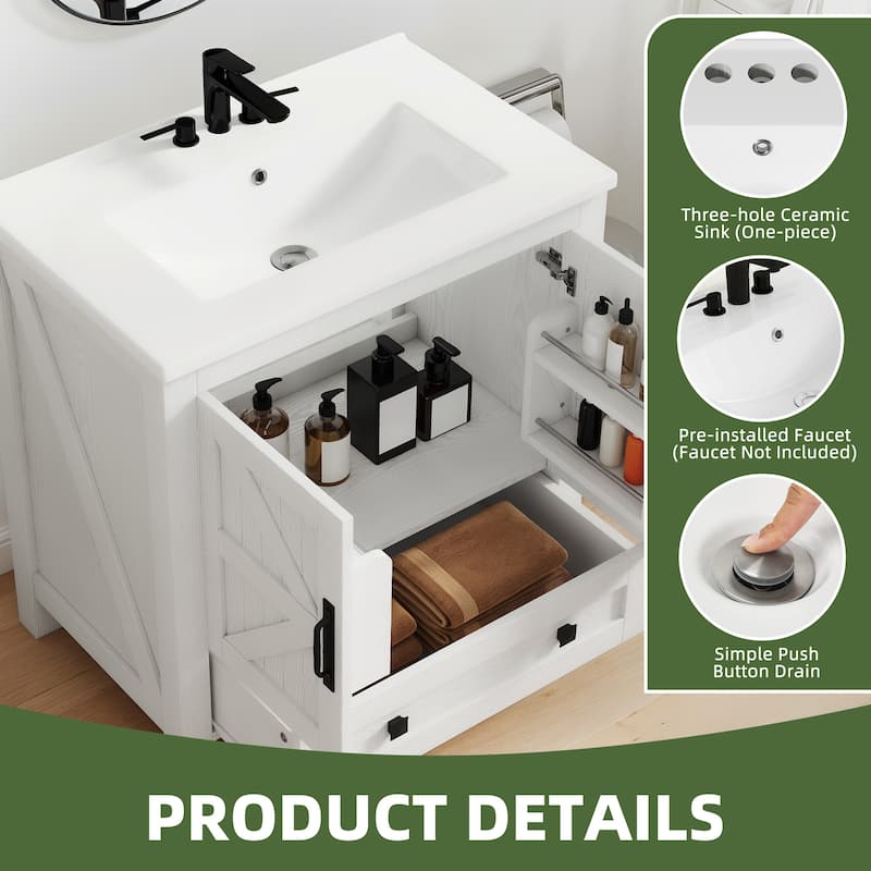 Moasis 30 Inch Farmhouse Bathroom Vanity with Sink and Barn Door Storage for Small Spaces