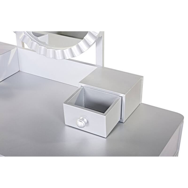 Vanity Desk with Adjustable Round Mirror, Wooden Dressing Table Set, Makeup Vanity Table with 4 Drawers & Cushioned Stool