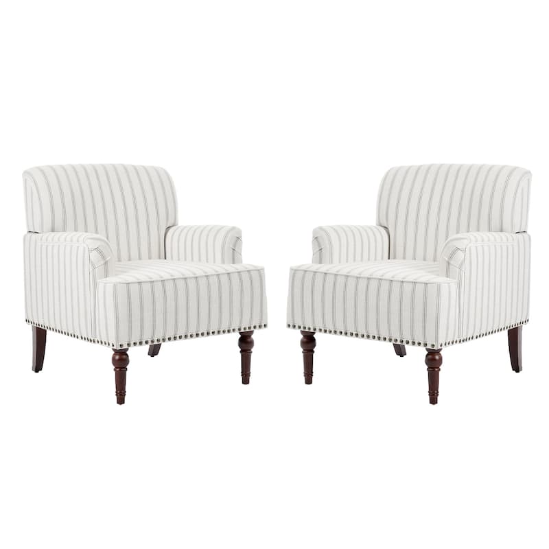 Set 2 Striped Upholstered Linen Armchair with Brass Nailhead Trim