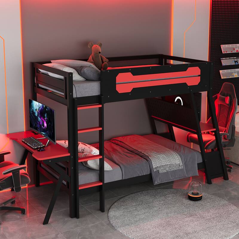 Gaming Bunk Bed Two Built-In Gaming Desks Each Side Loft Bed with USB Desktop Ports and Pegboard Organizer for Gaming Room Gamer
