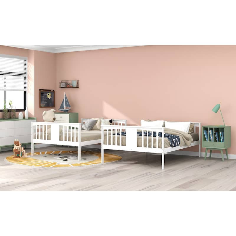 Full Over Full Bunk Bed with Ladder, Convertible to Two Full Beds, Solid Pine Frame, White