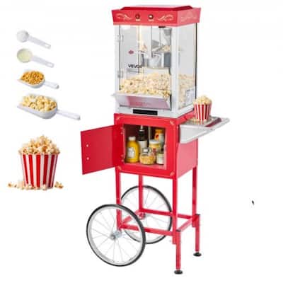 Red Stainless Steel Retro Popcorn Machine Cart 8oz Kettle with Wheels - 26.4 L x 17.3 W x 52.2 H in.