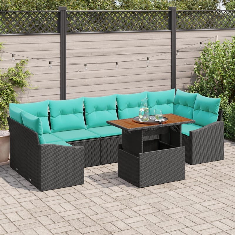 vidaXL 8 Piece Garden Sofa Set with Cushions Black Poly Rattan - 113.8×48.6×27.2