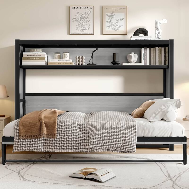 Twin Size Metal Foldable Murphy Bed Frame with Storage Shelves