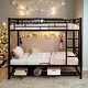 preview thumbnail 1 of 26, Twin over Twin Metal Bunk Bed with Shelf and Guardrails Black