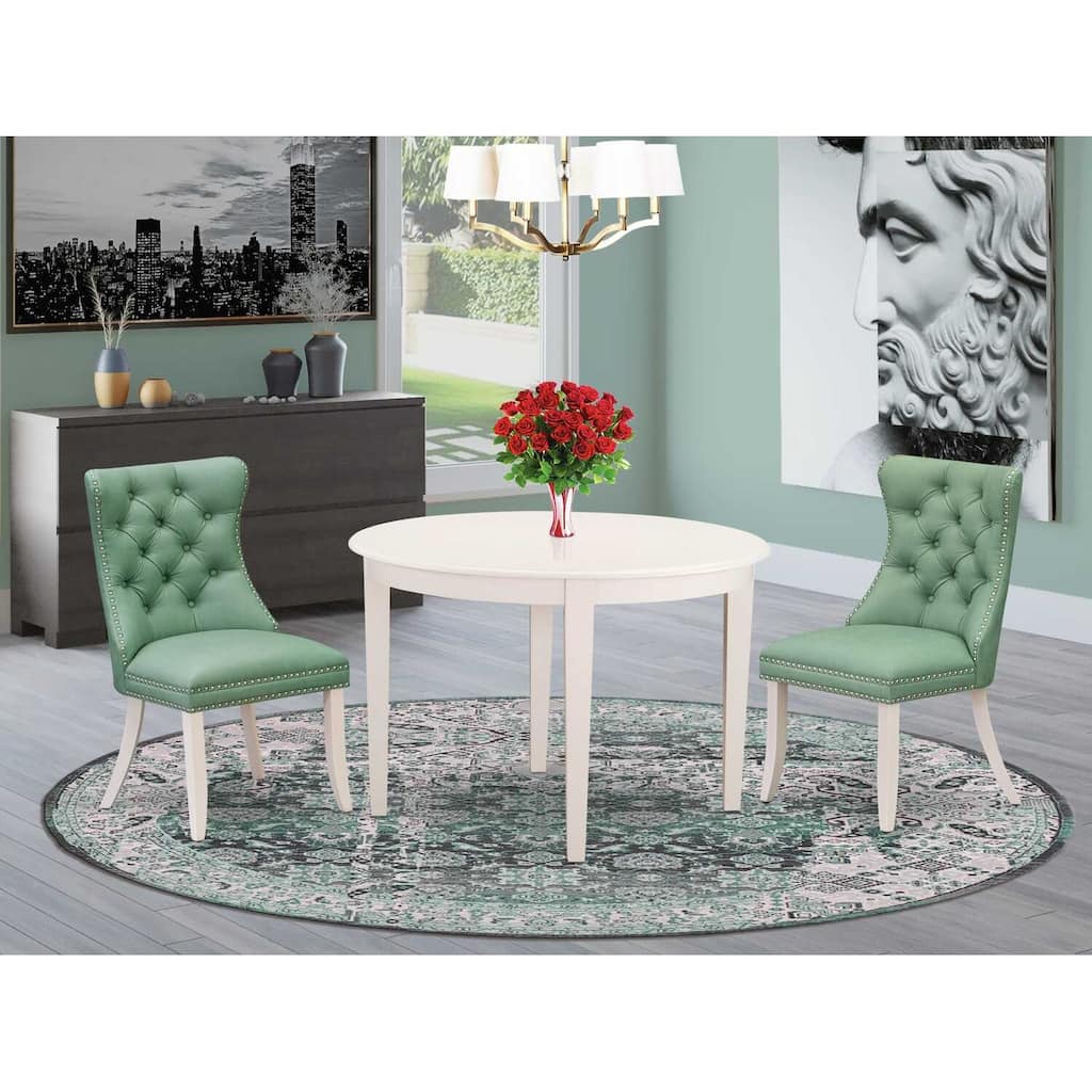 3-Piece Linen White Finish Round Solid Wood Top Dining Table Set