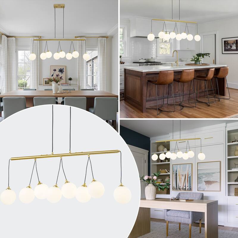 8-Light Gold Linear Kitchen Island Pendant Light Frosted Glass Globes - Dia.39.37-in